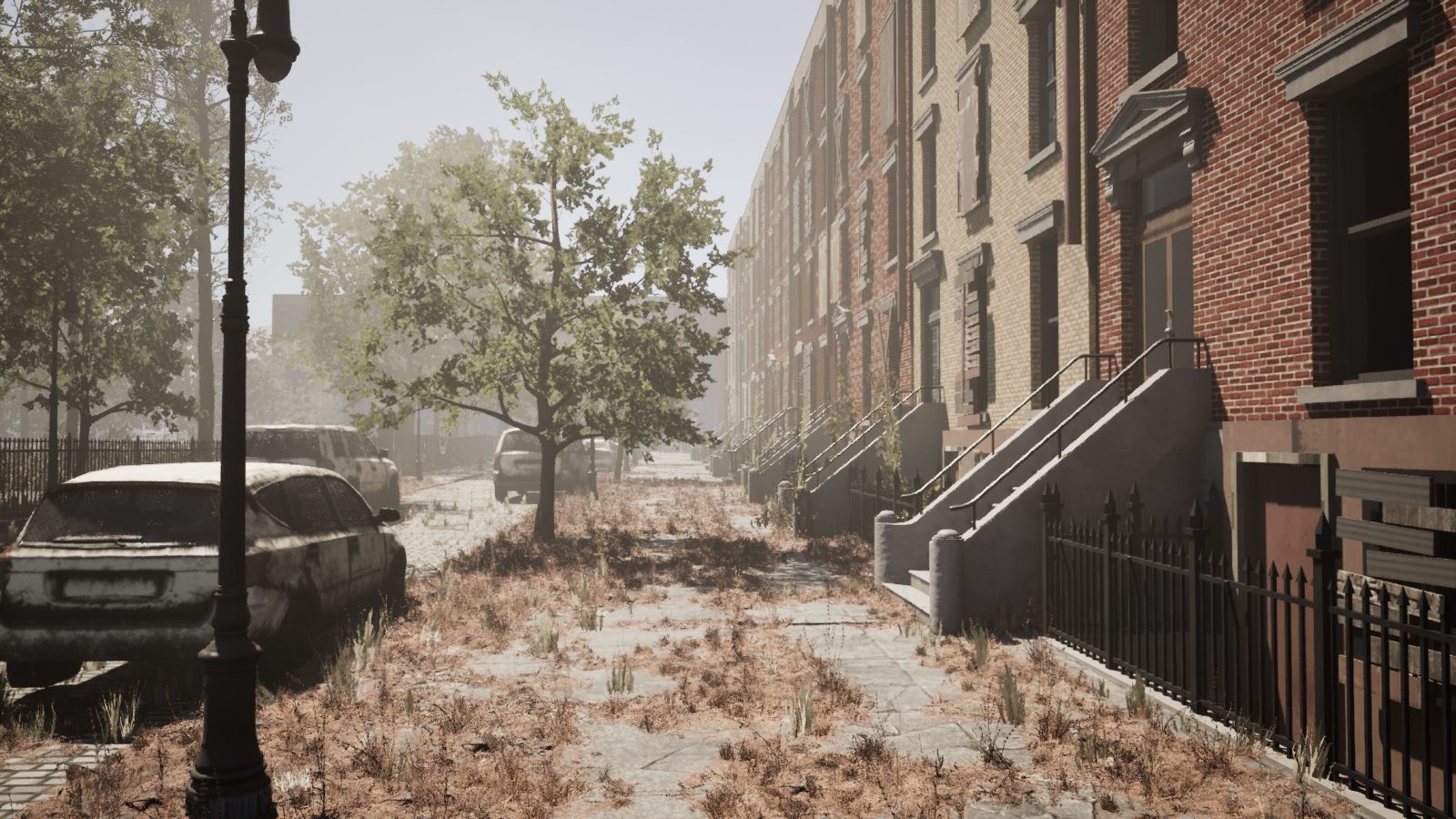 An overgrown rowhouse street in Troy, New York