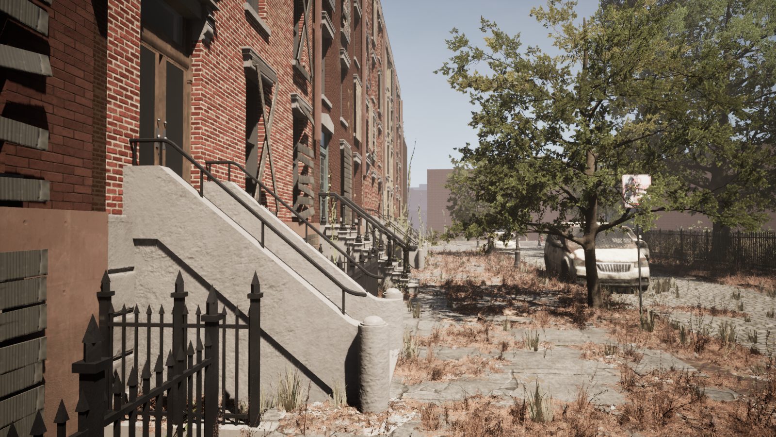Abandoned cars and weeds outside Troy rowhouses